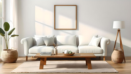 A modern Scandinavian living room with a vibrant white sofa and chair, set against a teal and white wall. The minimalist design radiates comfort, elegance, and contemporary style