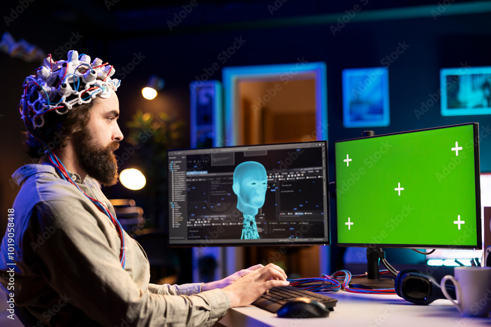 Poster software engineer with eeg headset starting mind upload on green screen pc, trying to gain bionic po