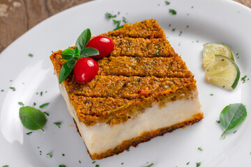 GOURMET VEGAN FOOD WITH WOOD TABLE RUSTIC BACKGROUND, TOP VIEW
