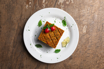 GOURMET VEGAN FOOD WITH WOOD TABLE RUSTIC BACKGROUND, TOP VIEW