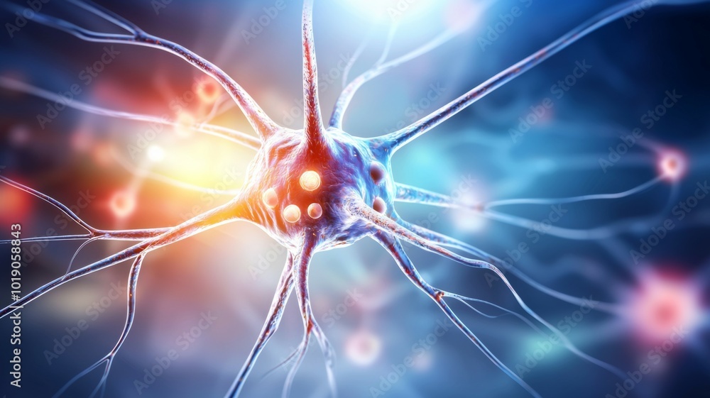Poster neurons communicating in a vibrant neural network under a scientific microscope view in a digital ar