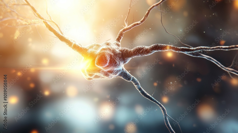 Aufkleber visual representation of a neuron transmitting signals in a vibrant, abstract background with glowin