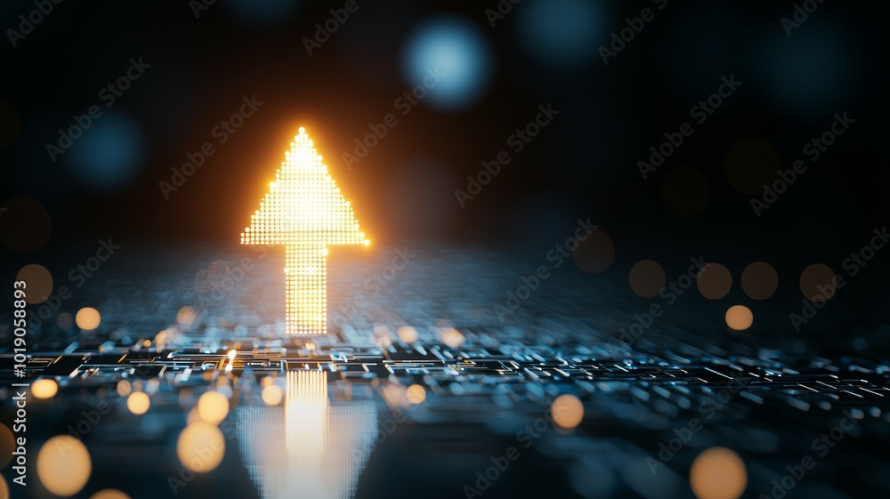 Poster bright orange arrow symbol displayed on a digital surface with blurred lights in the background at n