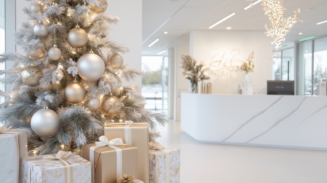 Modern office lobby with elegant christmas decorations and stylish tree for festive ambiance