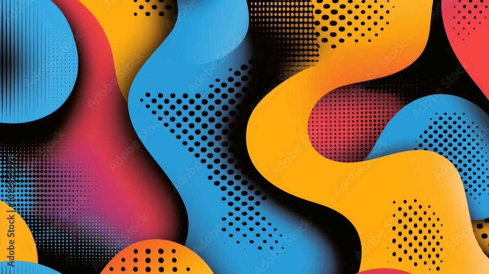 Poster colorful abstract shapes with dotted patterns and smooth curves on a black background