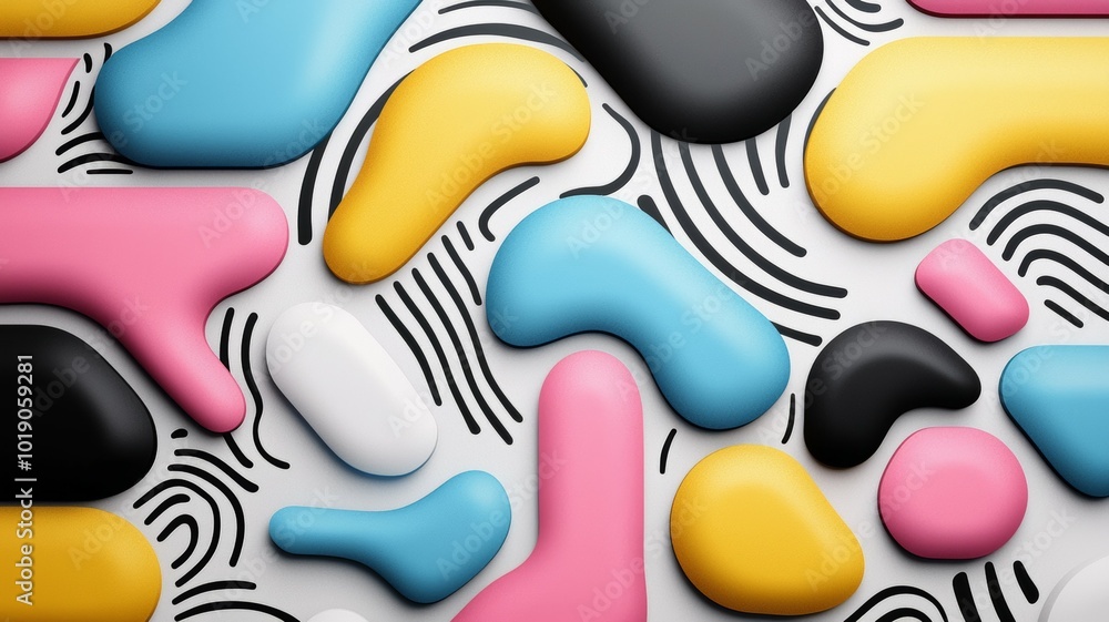 Poster colorful abstract shapes on a white background with black wave patterns in a modern artistic composi