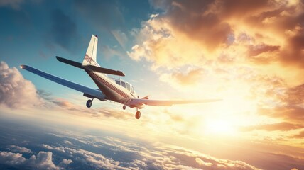 A small aircraft flying above clouds during a vibrant sunset over the horizon