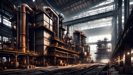 A large industrial factory with massive machinery, pipes, and a steel structure.