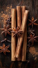 Rustic cinnamon sticks and star anise beautifully arranged on a wooden table with earthy tones