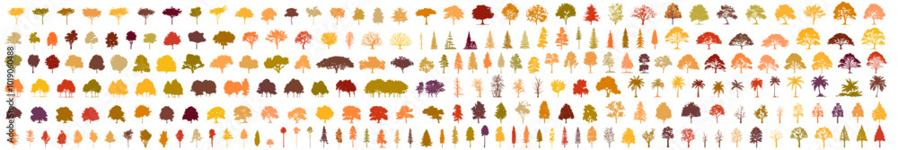 Aufkleber autumn silhouette tree line drawing set, side view, set of graphics trees elements outline symbol fo