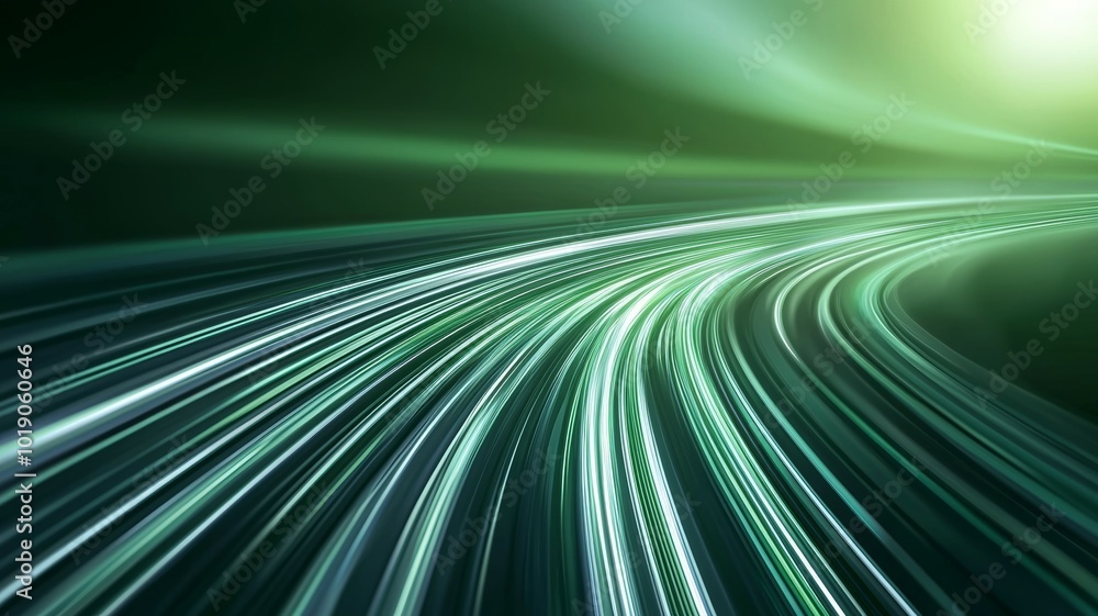 Poster abstract light trails in green shades depicting motion and speed in a dynamic environment