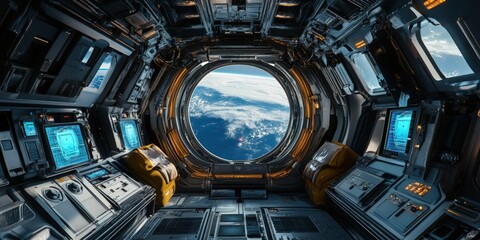 Interior of a spaceship with a view of Earth from the window.