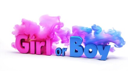 Girl or Boy" text in pink and blue colors, surrounded by swirling colored smoke, representing a vibrant gender reveal concept