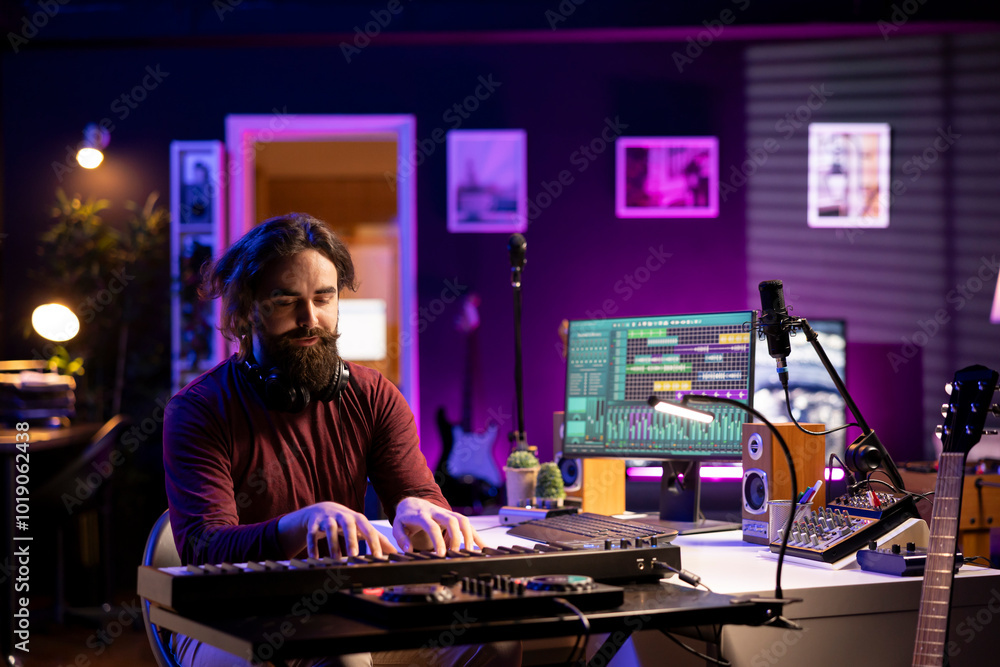 Leinwandbilder Modern artist playing piano notes to record a new soundtrack, trying to compose a song using midi controller electronic keyboard. Singer composer playing instrument keys to create songs.