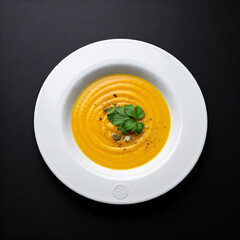 A bowl of creamy, orange soup topped with a swirl of oil, fresh parsley, and black pepper