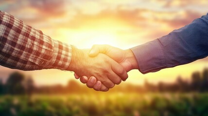 People shaking hands at sunset in a serene outdoor landscape, symbolizing friendship and partnership