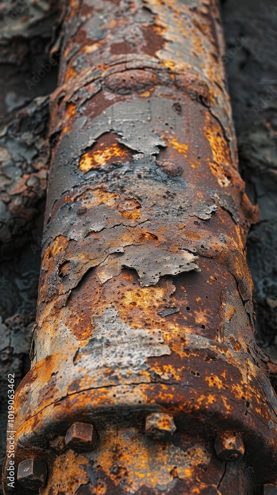 Poster detailed view of a deteriorated metal pipe highlighting rust and corrosion textures over time