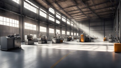 A large, empty industrial warehouse with rows of machinery and large windows letting in natural light.