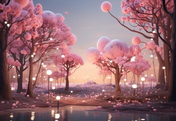 Serene twilight in a magical cherry blossom forest