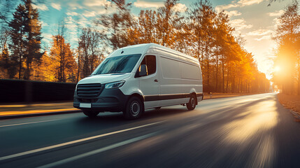 a white van driving down a road next to a forest at sunset