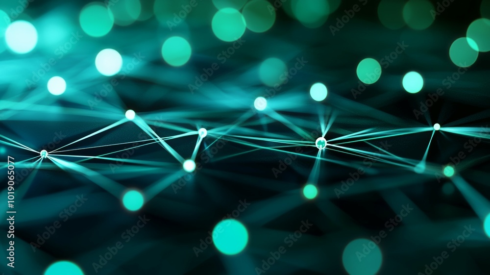 Poster abstract representation of interconnected lines and glowing nodes in a deep green digital landscape