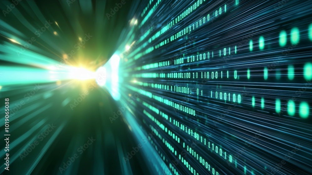 Poster digital data streams and light effects illustrating technology in motion