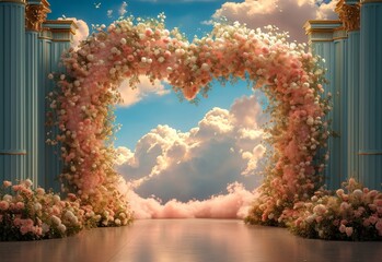 A romantic flower archway under a dreamy sky