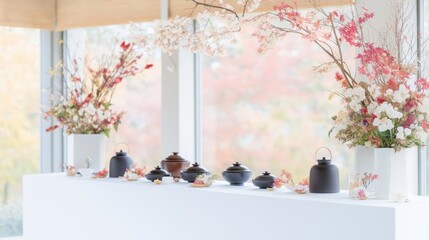 Traditional japanese new year celebration with tea and floral decorations
