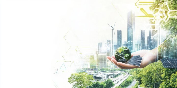 A background with white space in the center, featuring green energy images and photos of sustainable buildings arranged on it The theme is clean technology for sustainability Generative AI