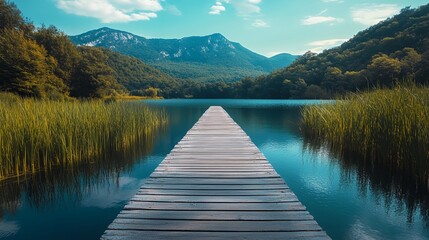 A wooden bridge spans a body of water with a view of mountains in the background