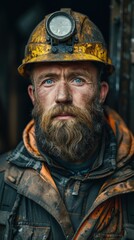 Fototapeta premium Ukrainian coal miner ready for work in an industrial setting, showcasing strength and resilience