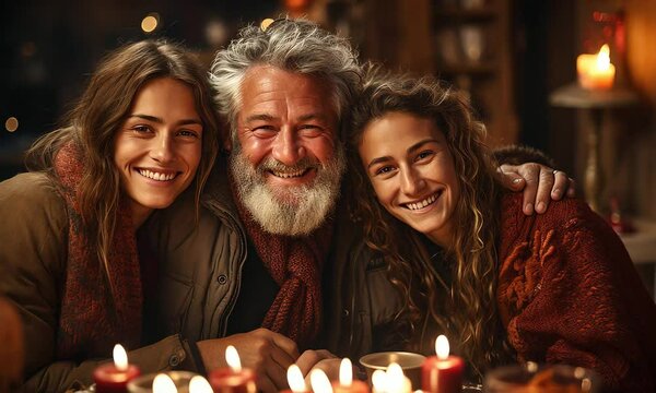 80 year old happy old man celebrating Christmas in a pub with his daughters