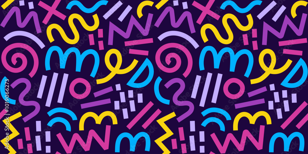 Wall mural memphis geometric seamless pattern. multicolor abstract background in retro 80s, 90s style with vari