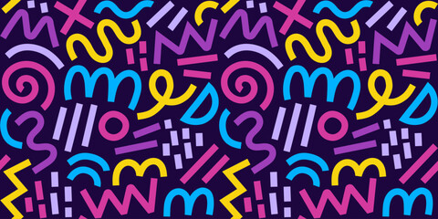 Memphis geometric seamless pattern. Multicolor abstract background in retro 80s, 90s style with various shapes: circles, semicircles, dots, zigzags, spirals, wavy lines. Cute kid doodle design.