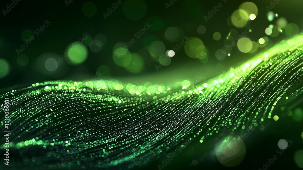 Poster a swirling green wave of sparkling particles glimmering softly in an abstract representation of natu