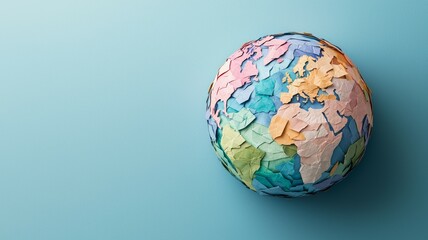 A handcrafted globe made of colorful paper textures sits against a soothing blue background