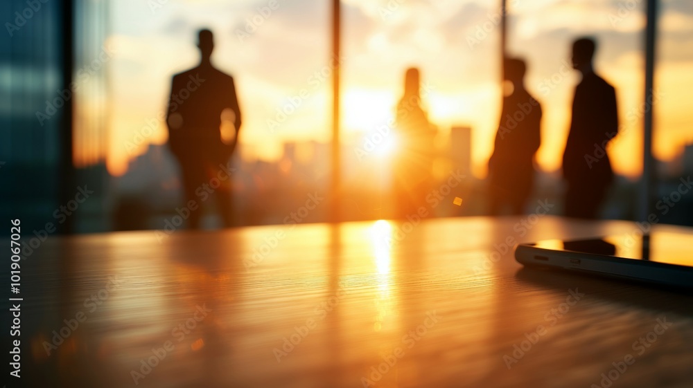 Aufkleber business professionals networking in front of a sunset view from an office window during evening hou