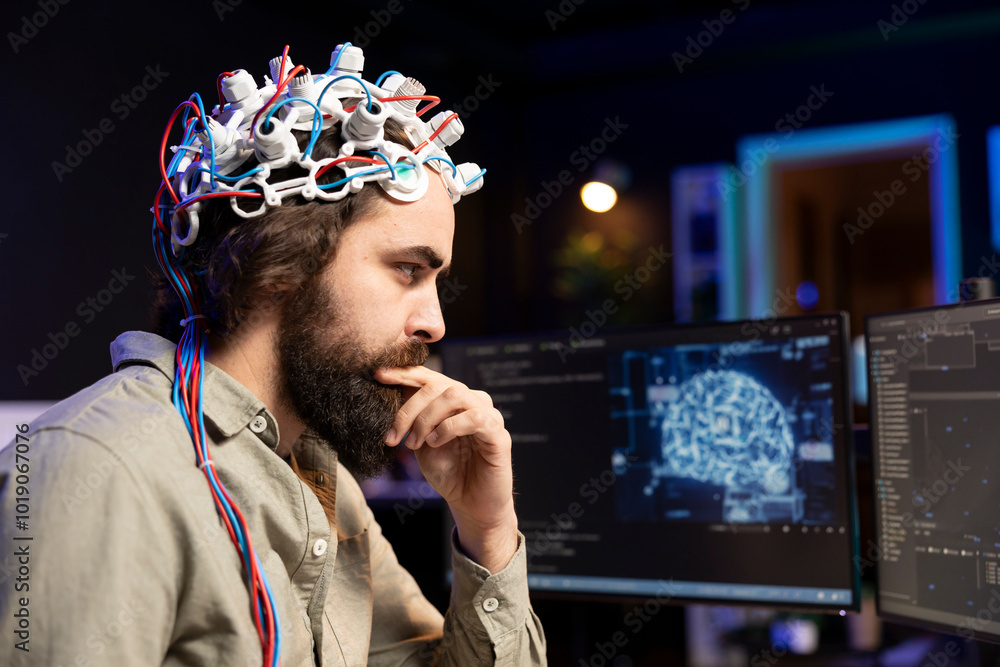 Poster programmer using eeg headset to upload his mind into computer, attaining immortality. neuroscientist