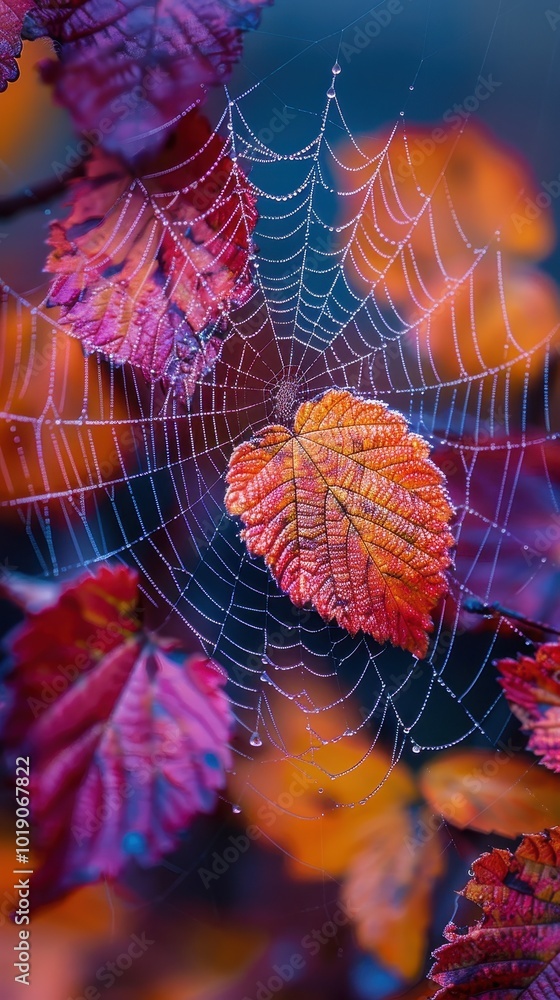 Poster close-up of a spider web adorned with colorful autumn leaves in a tranquil nature setting