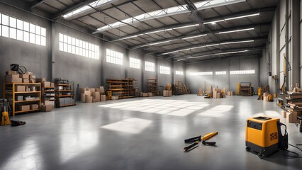 An empty warehouse with large windows letting in natural light, with various tools, shelving, and boxes throughout.