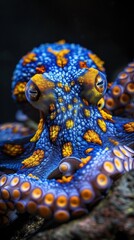 Fototapeta premium Bright blue and yellow octopus gracefully exploring its underwater habitat in clear ocean waters