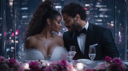 Futuristic valentine's day dinner with romantic couple in urban setting