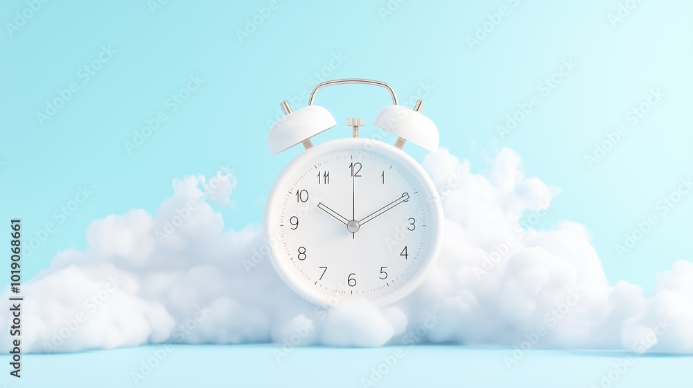 Poster classic white alarm clock surrounded by soft clouds on light blue background for time concept and de