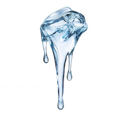 Clear ice cube melting with water droplets, transparent background