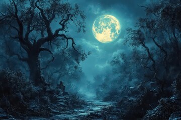 mysterious dark forest filled with leafless trees and sharp branches whispering winds and a bright full moon illuminating the scene creating an eerie and enchanting atmosphere