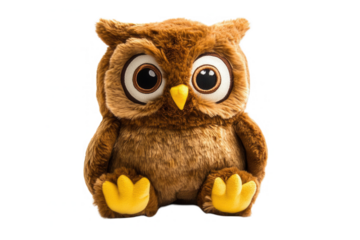 Cute plush owl toy, brown color, big eyes, soft texture, transparent background