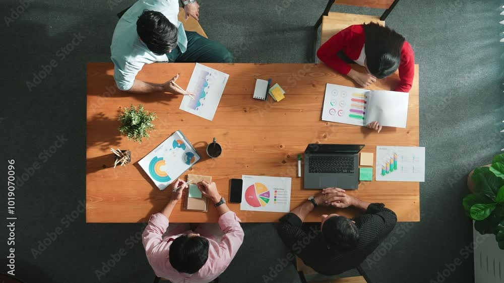 Poster top down view of business woman explain and present financial chart. diverse group discuss and liste