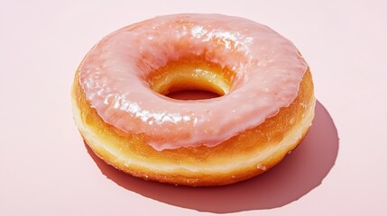 Obraz premium A delicious pink frosted donut on a pastel pink background, perfect for sweet treats and dessert themes.