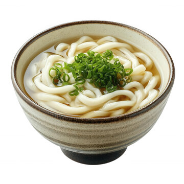 Delicious bowl of udon noodles topped with fresh green onions, transparent background