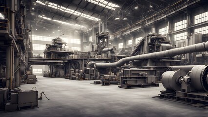 Obraz premium A large industrial factory with machinery and equipment, lit by natural light.